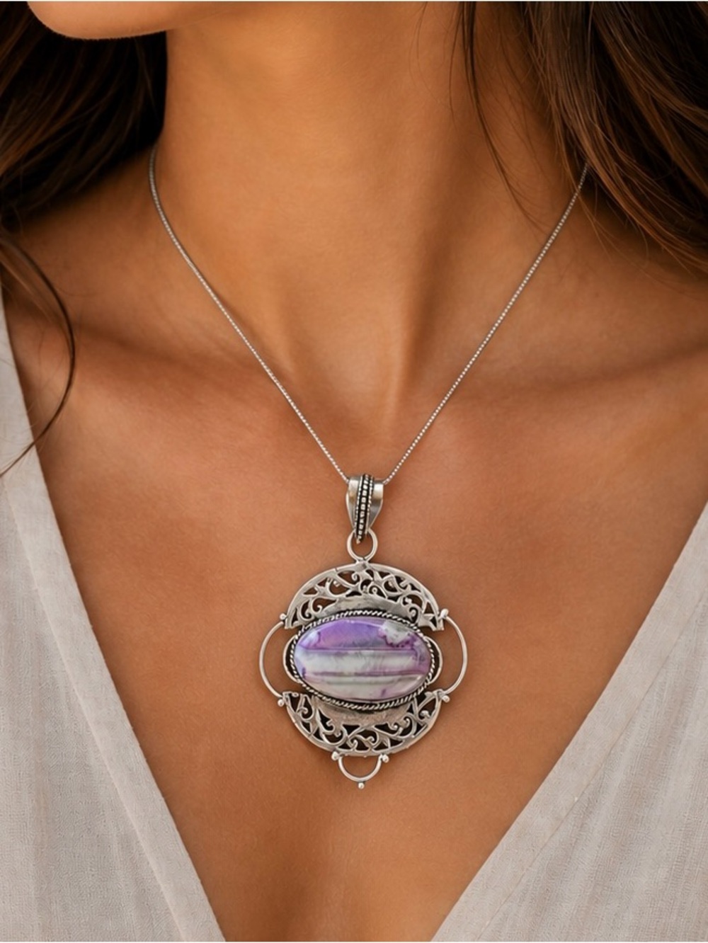 Purple Dendrite Opal Gemstone 2.8” Sterling Silver Pendant - Picture 2 of 6